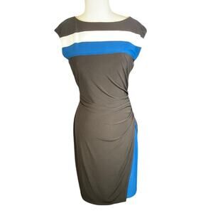 Ralph Lauren Colorblock Dress Size 10 Black Blue White Ruched Professional Boss